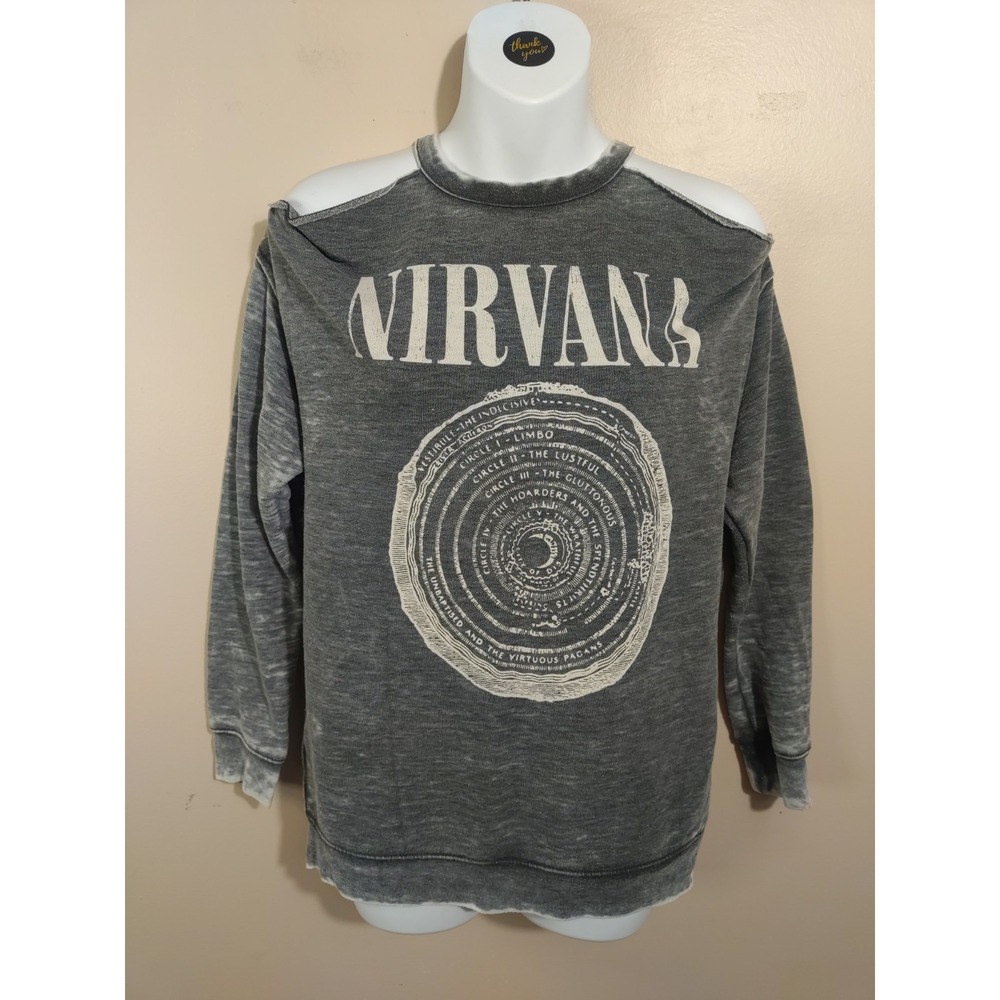 Nirvana Heather Grey Distress Cold Shoulder Band Music Longsleeve Tshirt Size S